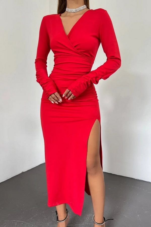 WOMAN VISION Midikleid Wickelkleid mit Schlitz und langen Ärmeln