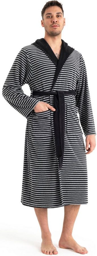 KangaROOS Herrenbademantel Luana, ideal für Sauna & Spa, Hotelbademantel, Morgenmantel, Langform, Leichtfrottier, Kapuze, Gürtel, Streifen - Bademantel für Herren, gestreift, S-4XL