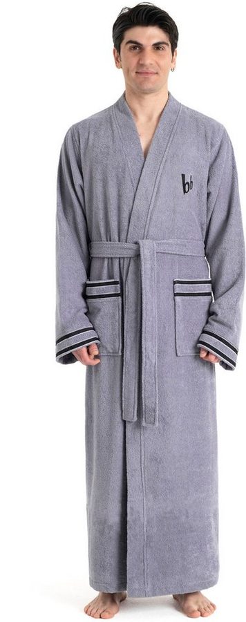 Bruno Banani Herrenbademantel Roy, ideal für Sauna & Spa, Standardlänge & Überlänge, Langform, Walkfrottee, Kimono-Kragen, Gürtel, farblich abgesetzten Streifen, Bademantel, S-3XL, auch in extra lang