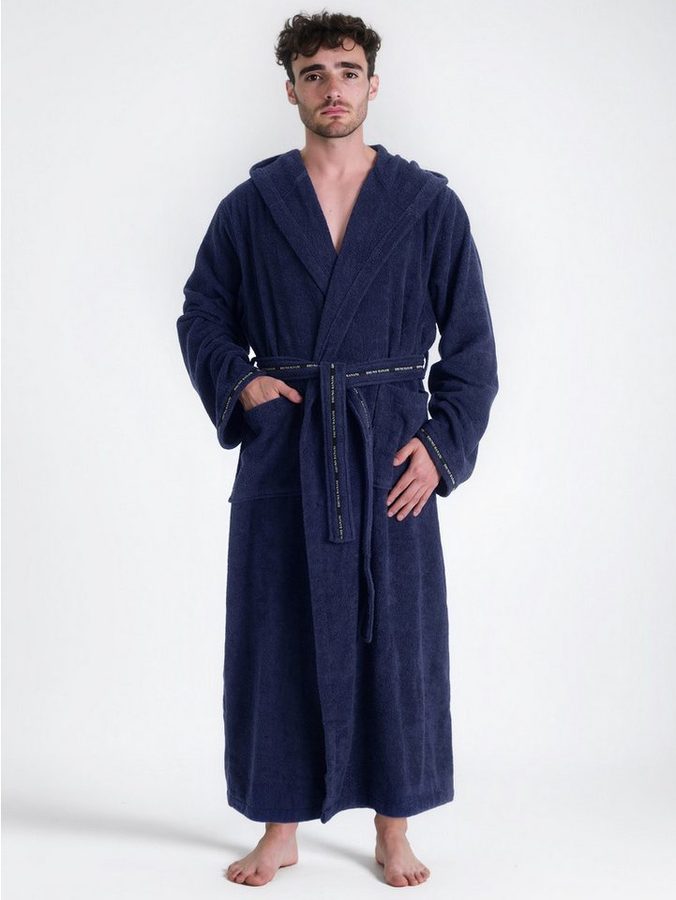 Bruno Banani Herrenbademantel Danny, Normallänge & Überlänge, auch in extra lang, Hotelbademantel, Langform, Walkfrottee, Kapuze, Gürtel, mit Logostreifen, Herren Bademantel aus 100% Baumwolle, S-4XL