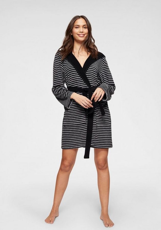 KangaROOS Damenbademantel Luana, ideal für Sauna & Spa, Hotelbademantel, Morgenmantel, Kurzform, Leichtfrottier, Kapuze, Gürtel, Streifen - Bademantel für Damen, gestreift, XS-3XL