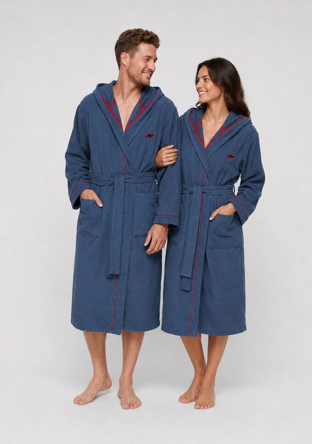 KangaROOS Unisex-Bademantel Luke, ideal für Sauna & Spa, Hotelbademantel, Morgenmantel, Langform, Walkfrottee, Kapuze, Gürtel, für Damen & Herren, Bademantel mit Kapuze & Logostickerei,S-2XL