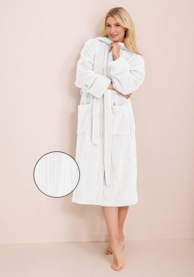 LeGer Home by Lena Gercke Unisex-Bademantel Lovina gestreift, ideal für Sauna & Spa, Hotelbademantel, Morgenmantel, Langform, Microfaser, Kapuze, Gürtel, Hoch-Tief, kuschelig weicher Fleece, plüsch, Damen und Herren, XS-3XL