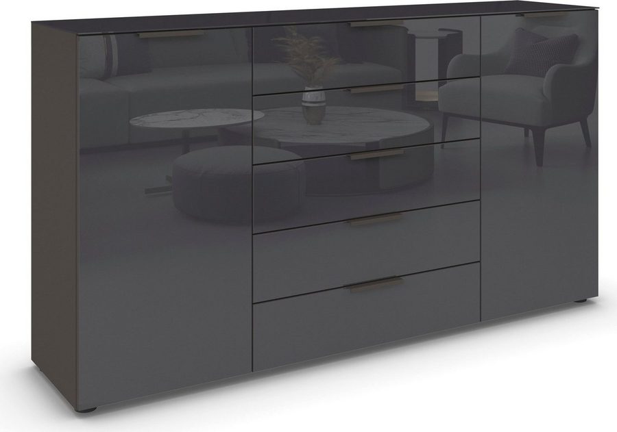 rauch Schubkastenkommode Kommode Türkommode Sideboard Kombikommode FLIPP mit Glasfront (Breite 160/180 cm mit 4 Einlegeböden), 2-türig, 5 Schubladen, Soft-Close, Oberboden und Front Glas, 2 Breiten von Rauch