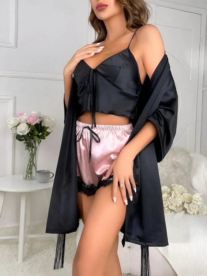 Elegant Love Morgenmantel Sexy Pyjama-Set für Damen, Dessous-Set, Kimono, Negligee aus Satin, Kimono-Kragen, Gürtel, Nachtwäsche und Loungewear, Verführerische Lingerie