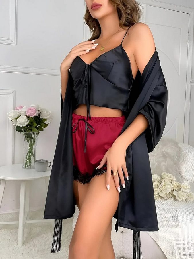 Elegant Love Morgenmantel Sexy Pyjama-Set für Damen, Dessous-Set, Kimono, Negligee aus Satin, Kimono-Kragen, Gürtel, Nachtwäsche und Loungewear, Verführerische Lingerie