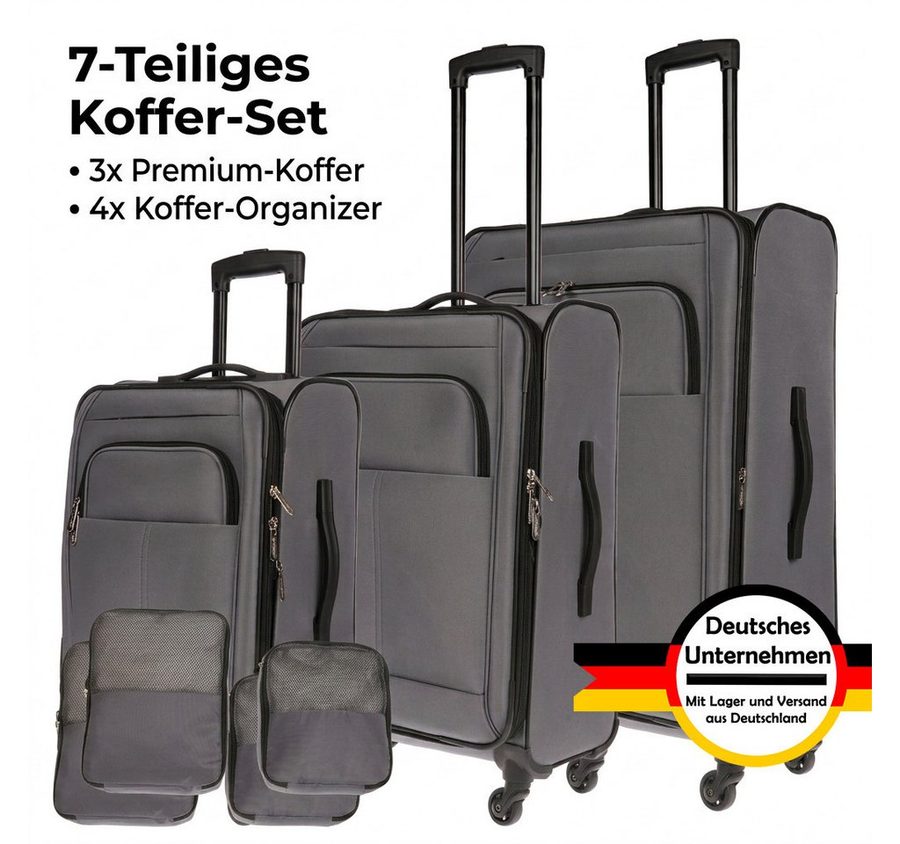 Weissmantel Kofferset 3er Koffer Set Stoffkoffer Set mit 4x Organizer, Weichschale 4 Rollen, (Als Zusatz sind 4 Organizer Tasche enthalten, damit Sie Ihre Kleidung perfekt im Koffer verstauen können., Mit eine Dehnfuge erhöht Volumen des Koffers um ca. 10), Softshell Koffer Set - Kofferset 3 Teilig Weichschale