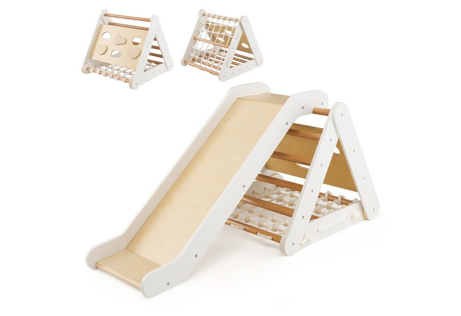 COSTWAY Klettergerüst 4 in 1 Kletterdreieck, mit Rutsche, aus Holz