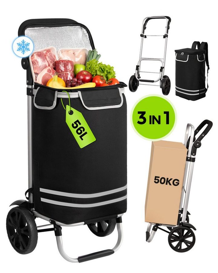 Oak&Tea Einkaufstrolley 3 in 1 Klappbarer Einkaufswagen mit Kühlfach, 56 l, Faltbarer Transportwagen, Wasserdicht, Rucksackfunktion bis 50KG