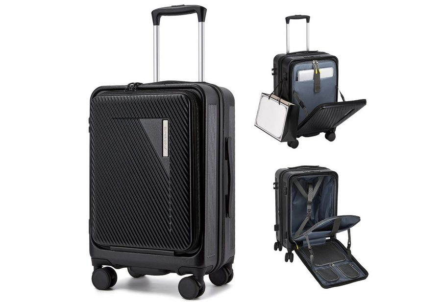 Super Solu Handgepäck-Trolley Hartschalenkoffer 55cm PC erweiterbar mit Frontöffnung & Laptopfach, 4 Rollen, Reisekoffer mit TSA-Schloss & 4 x 360° Doppelrollen, Schwarz