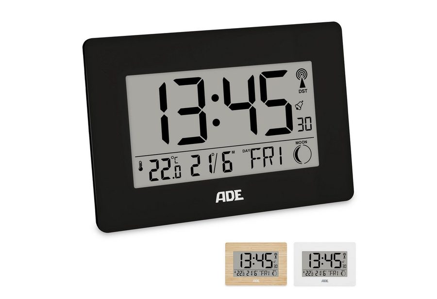 ADE Funktischuhr Digital,Tischuhr & Wanduhr mit XXL-Display, Thermometer Funkuhr mit Datum, Wochentag & Mondphasen, inkl. 2 AA Batterien
