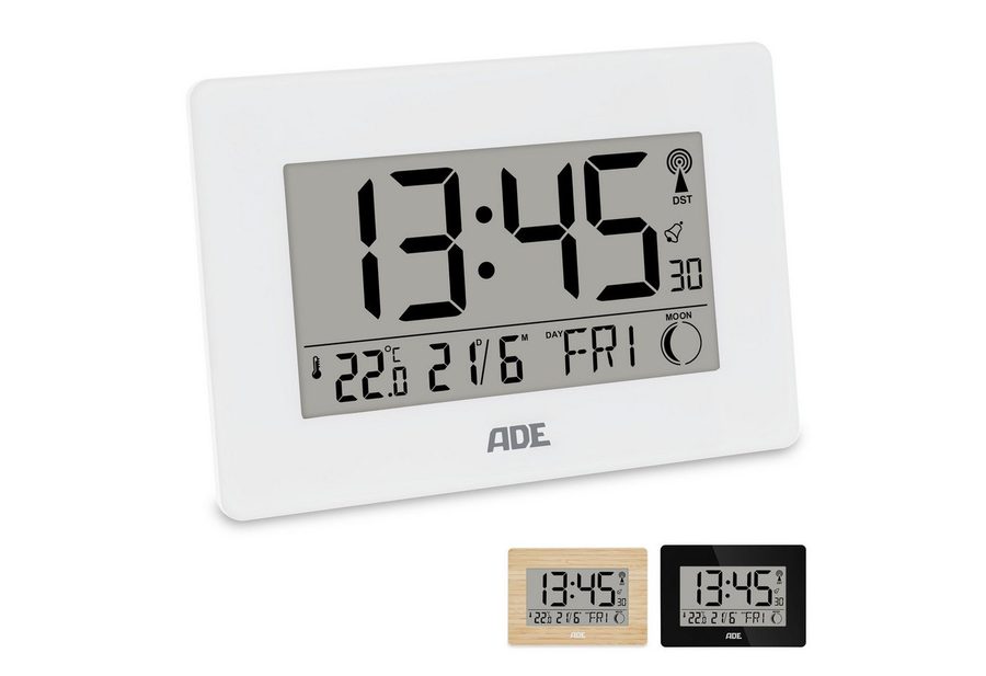 ADE Funktischuhr Digital,Tischuhr & Wanduhr mit XXL-Display, Thermometer Funkuhr mit Datum, Wochentag & Mondphasen, inkl. 2 AA Batterien